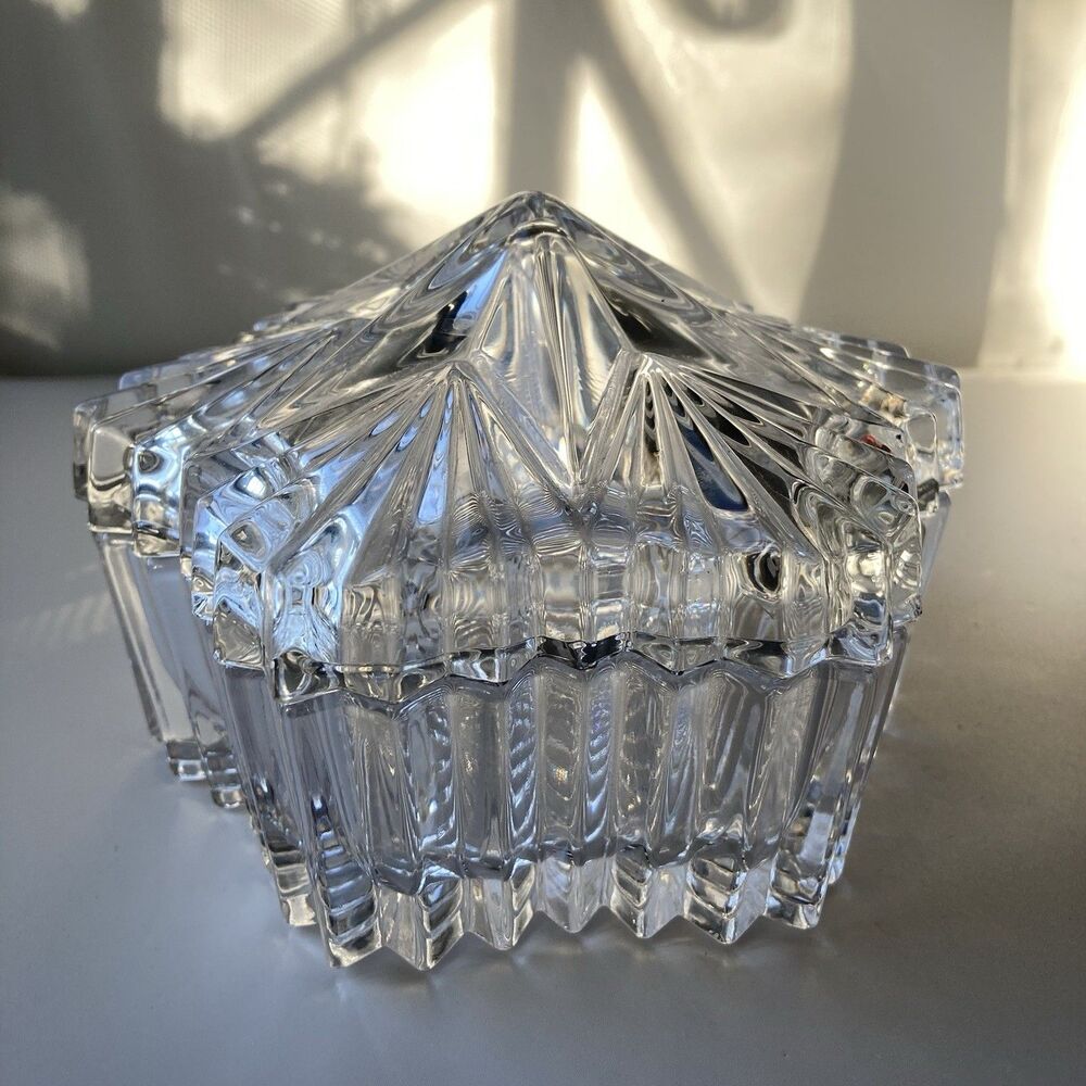 Vintage Glass Crystal Star Lidded Jewelry Trinket Box Dish Celestial Astrology